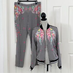 L.A.M.B. Silk Houndstooth Floral Jacket Matching Pants Set 8 10 Black White Pink